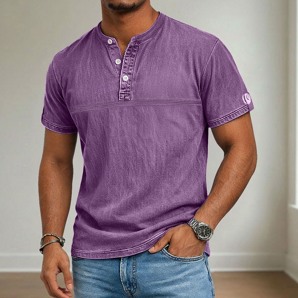 Men's Henley Shirt 100% Cotton Acid Wash Shirt Short Sleeve Henley Summer Spring Fall Plain Retro Vintage Casual Vintage Style Washed Casual Light Blue Dark Brown Black Top Tee for Men 2026 - $31.99 –P2
