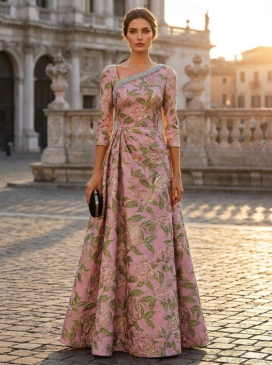 Linea ad A Lunghezza al pavimento Abito Formale Abito da Sera Elegante Floreale Madre della sposa Manica 3/4 Scollo a Barca Festa serale Matrimonio Jacquard Shiena scoperta con Strass Pieghe Perline del 2026 a $182.99 –P1