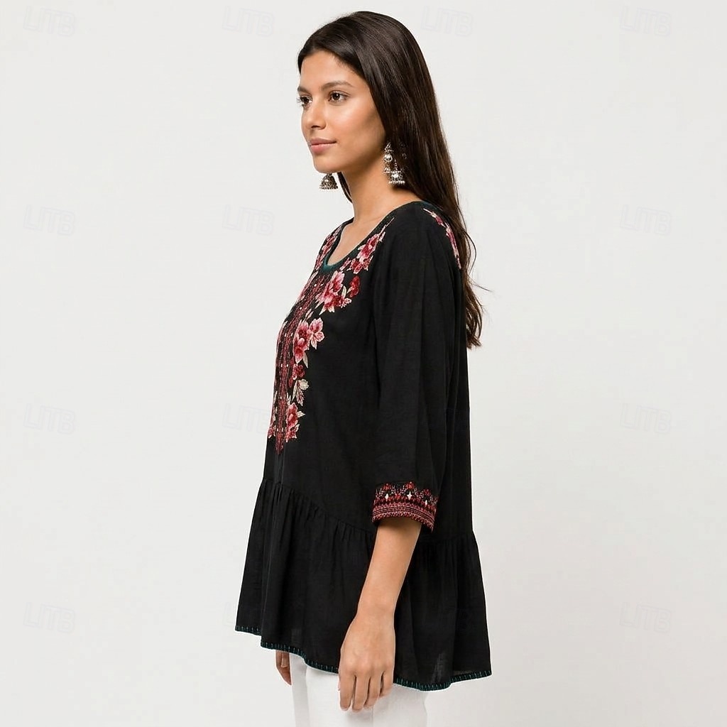 Women's Embroidered Tunic Shirts 100% Cotton Boho Shirt Floral Elegant Bohemia Vacation 3/4 Length Sleeve Crew Neck Long Tops Casual Black Summer Spring Fall Winter 2026 - $65.99 –P5