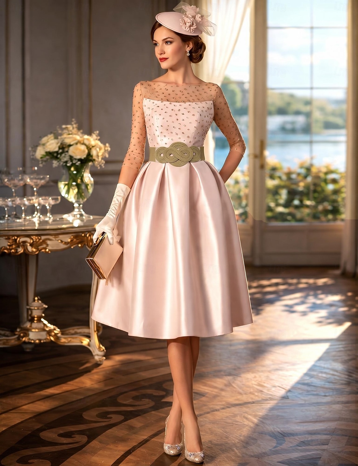 Linia -A Lungime Genunchi Rochii de bal Elegant 1950 Manșon Jumate Bijuterie Invitat la nunta Kentucky Derby Buzunar Satin cu Buton Buzunar 2026 - $160.99 –P1