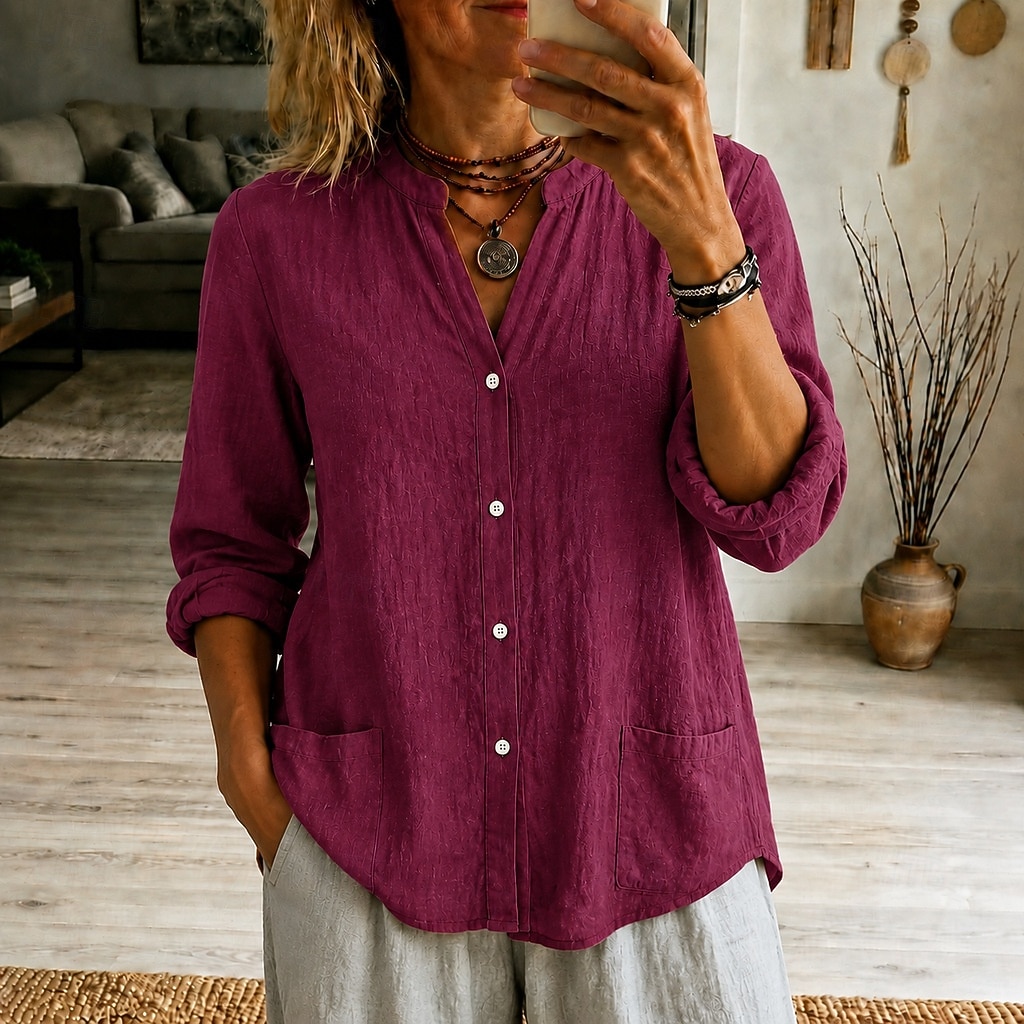 Chemisier à col henley pour femme, coupe ample et décontractée, manches longues, fermeture boutonnée et poches de 2026 ? $26.99 –P5