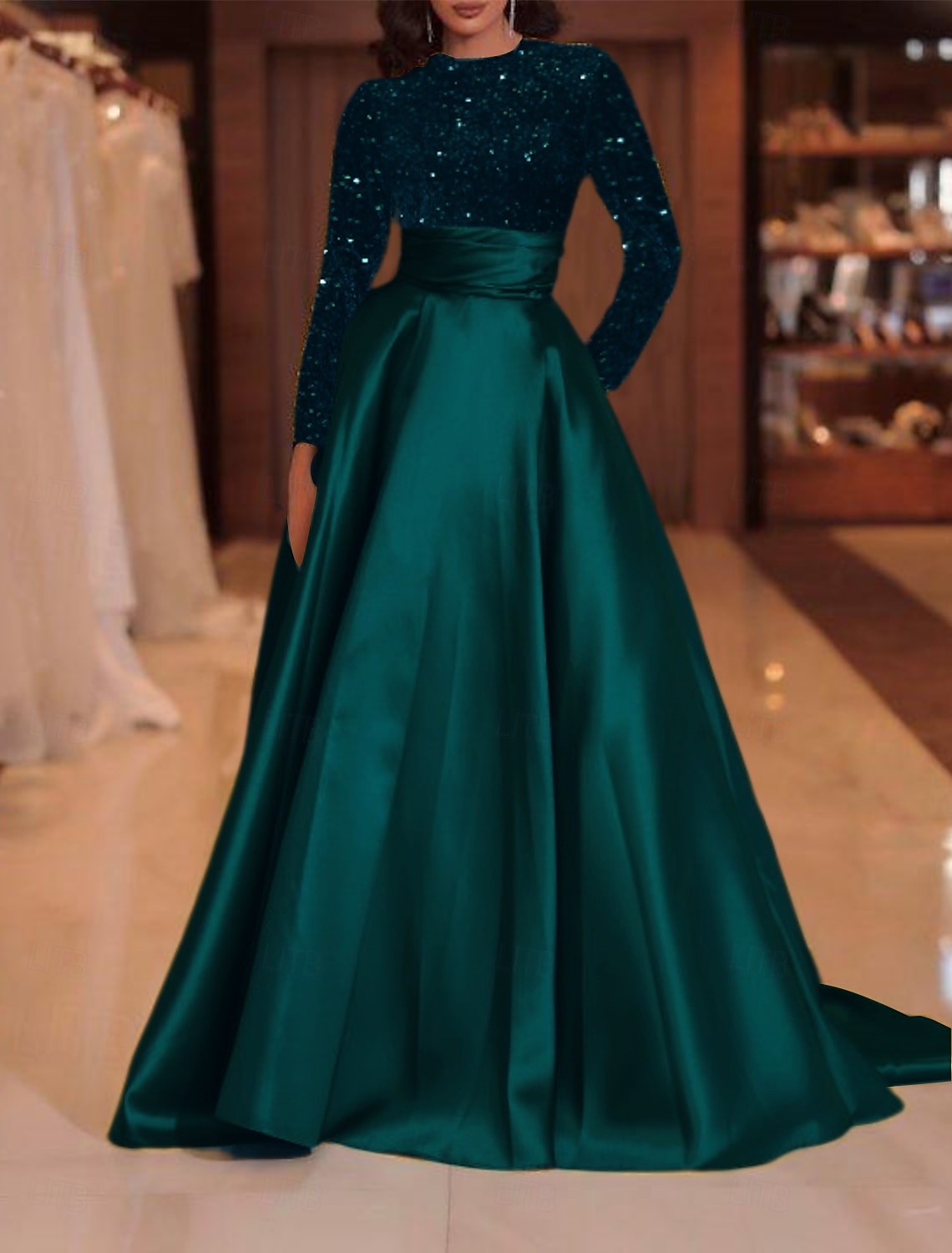 A-Line Court Train Floor Length Evening Gown Ball Gown Formal Dress Elegant Sparkle & Shine Long Sleeve High Neck Evening Party Christmas Fall Wedding Guest Satin Sequined with Sequin 2026 - $137.99 –P13