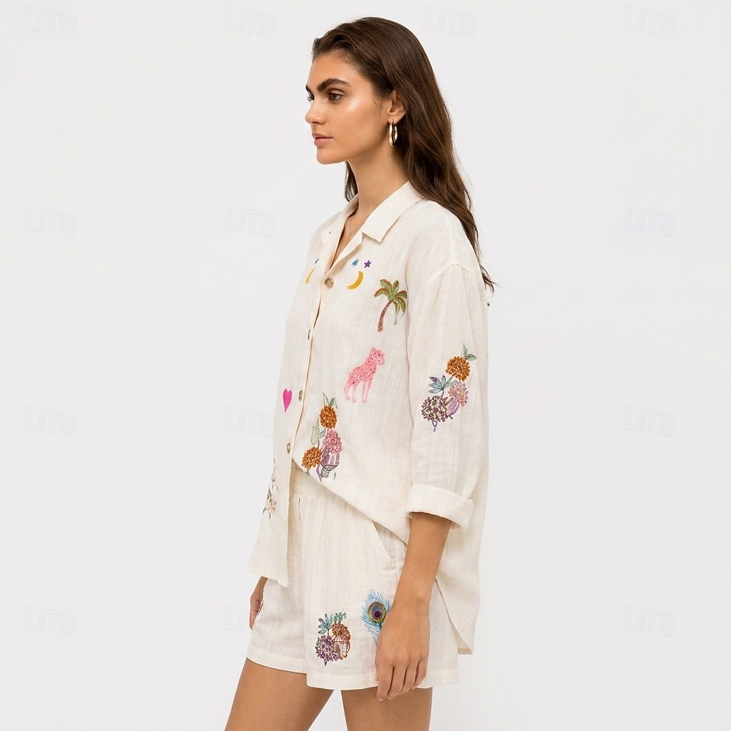 cămașă brodată pentru femei, cămașă boho, cămașă casual, cu volane, boemă, vacanță, tropical, mânecă lungă, topuri obișnuite, casual, alb, vară, primăvară, toamnă, iarnă 2026 - $54.99 –P2