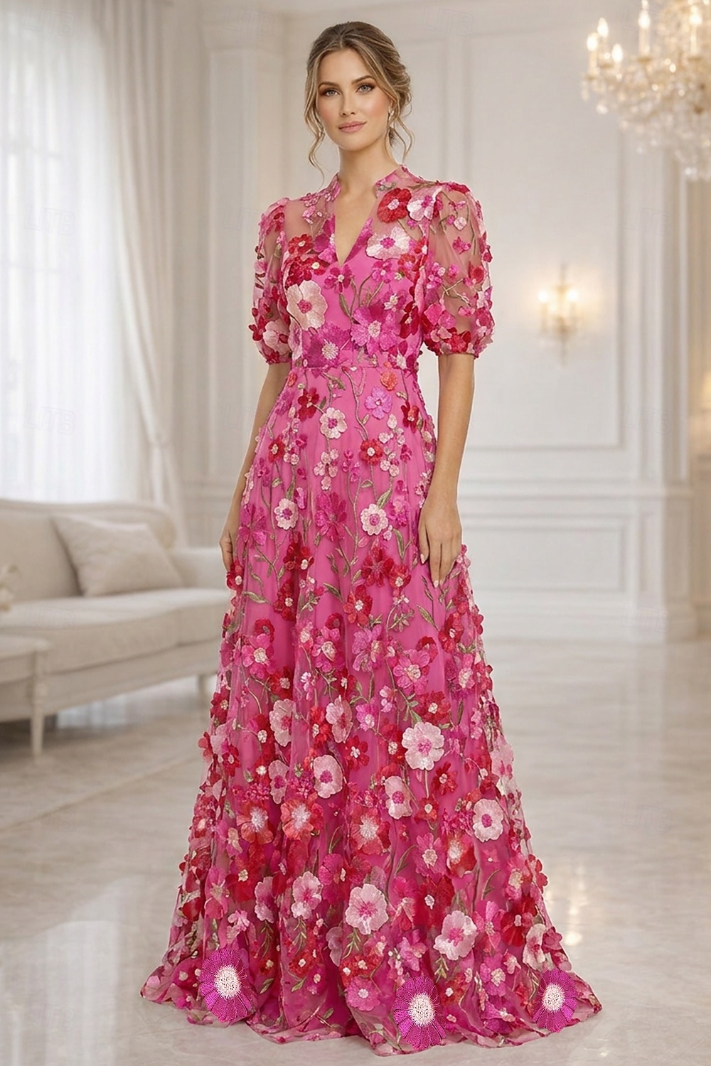Corte A Hasta el Suelo Vestido de Madrina Manga Corta Escote en Pico Elegante Vintage Lujoso Formal Invitado a la boda Fiesta de Boda Encaje Tul con Flores 3D Bordados Flor 2026 - $194.99 –P8