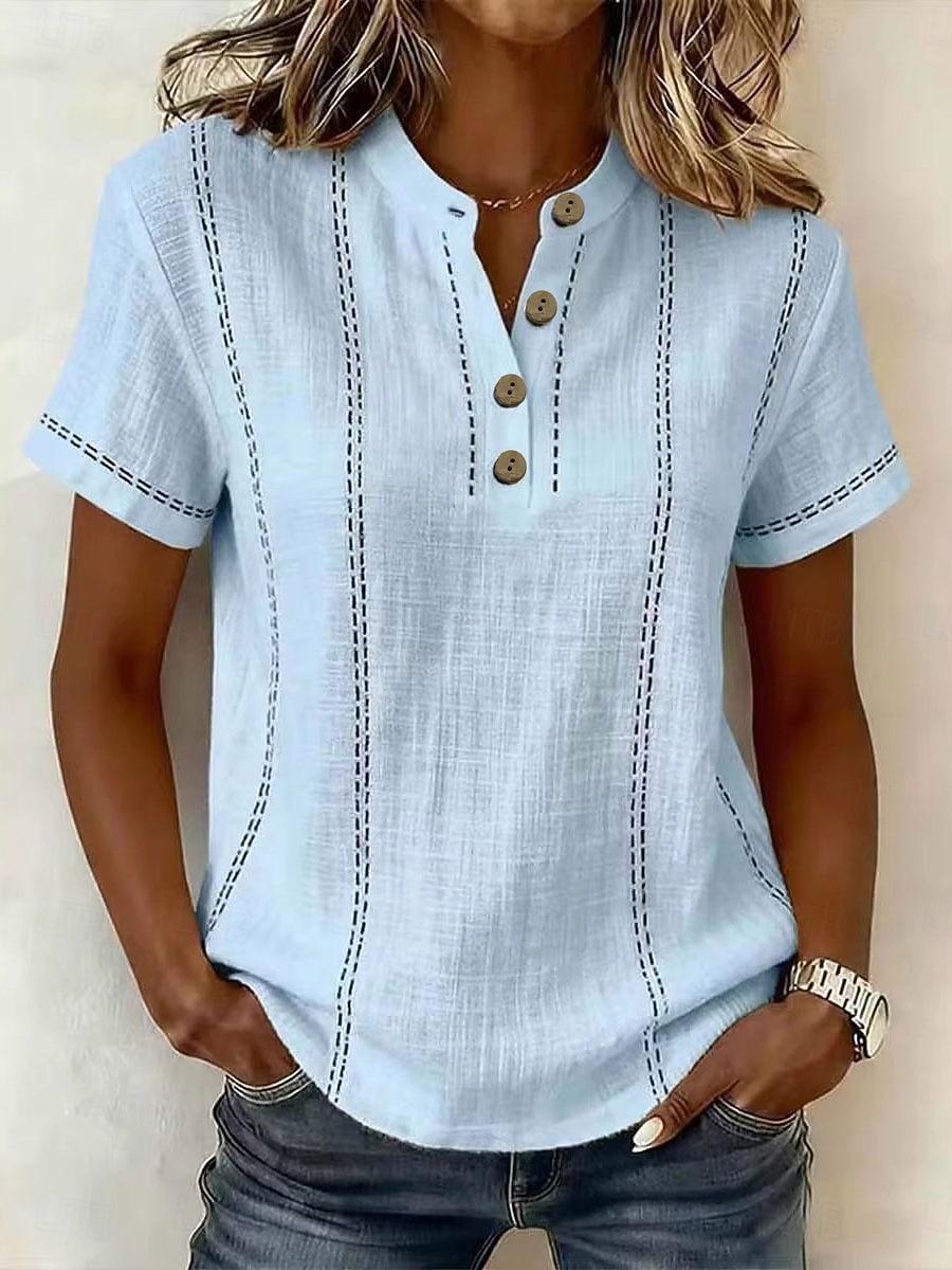 Femmes Chemises en coton et lin Chemisier Graphique Rayé ancien Élégant Basique Manche Courte Col en V Hauts Réguliers Occasionnel Quotidien Bleu Blanche Rose Claire Vert Été Printemps de 2026 ? $28.99 –P6