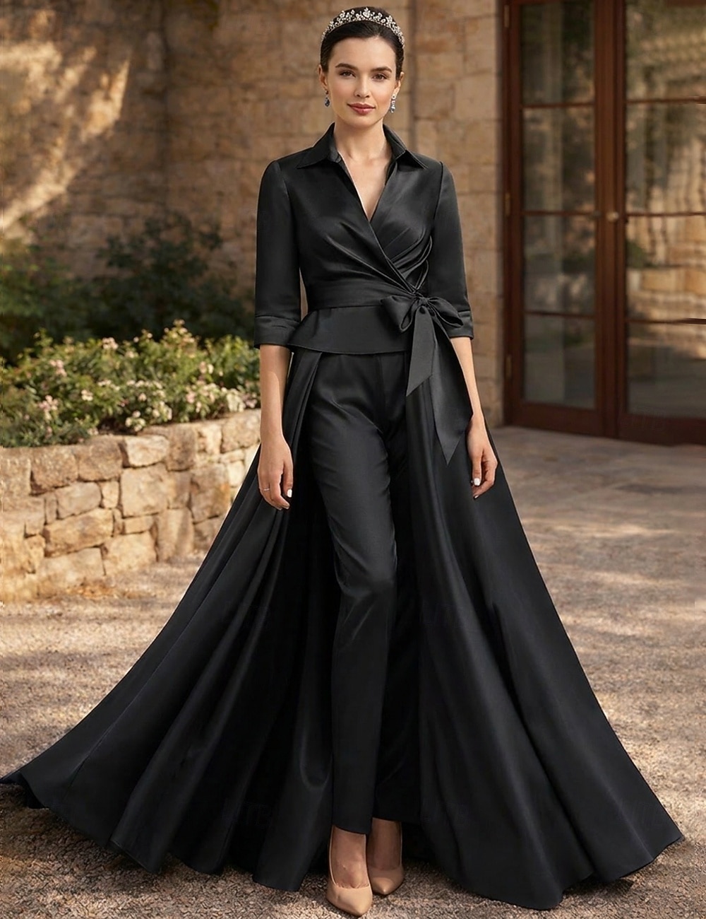 Dos Piezas Traje de pantalón Hasta el Tobillo Vestido de Madrina Media Manga Cuello Camisero Elegante Formal Invitado a la boda Satén con Lazo(s) 2026 - $183.99 –P7