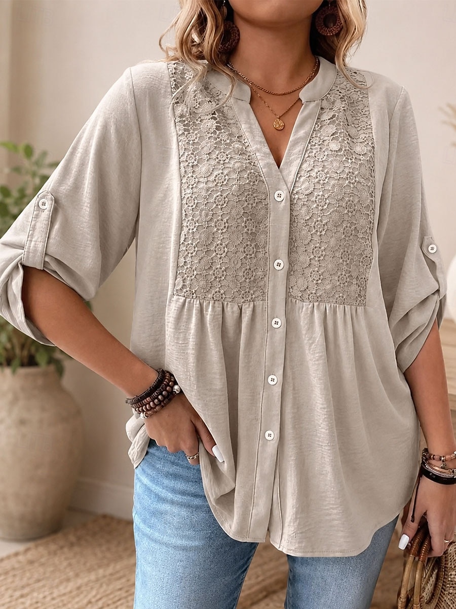 Damen Spitzenbluse Freizeithemd Bestickt Elegant Bohemien Urlaub Dreiviertelarm Ellbogenärmel V Ausschnitt Normale Oberteile Lässig Täglich Streetwear Weiß Khaki Schwarz Pudriges Rosa Sommer Frühling 2026 - $32.99 –P2