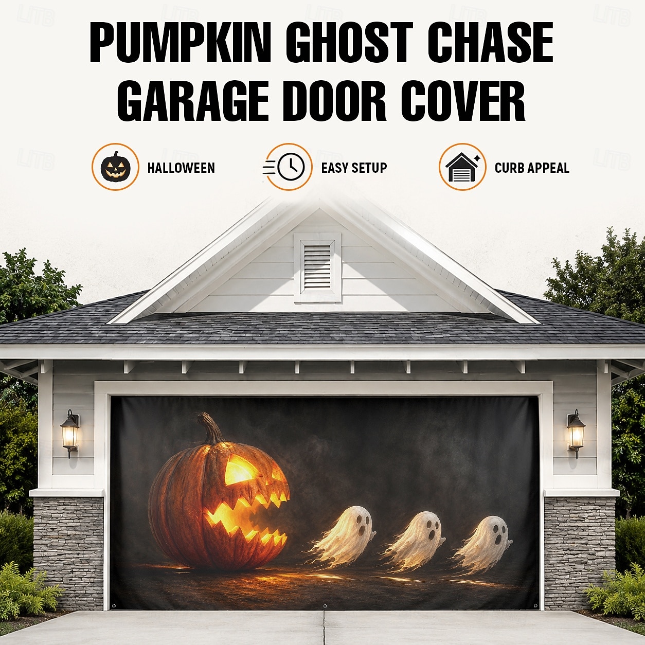 Décoration de porte de garage pour Halloween, grand décor extérieur avec citrouille-lanterne, fantômes à la poursuite d'une maison hantée, bannière pour jardin ou porche. de 2026 ? $42.99 –P1