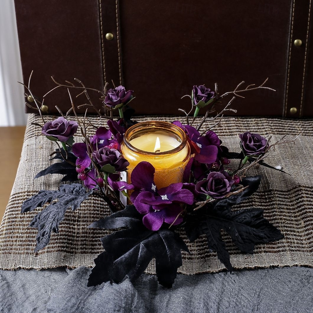 Lot de 2 anneaux de bougies artificiels en forme de roses pour Halloween, couronnes florales noires pour bougies piliers, décorations de table d'Halloween, centres de table gothiques, décoration de de 2026 ? $14.49 –P2