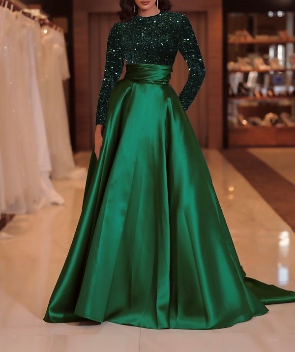 A-Line Court Train Floor Length Evening Gown Ball Gown Formal Dress Elegant Sparkle & Shine Long Sleeve High Neck Evening Party Christmas Fall Wedding Guest Satin Sequined with Sequin 2026 - $137.99 –P1