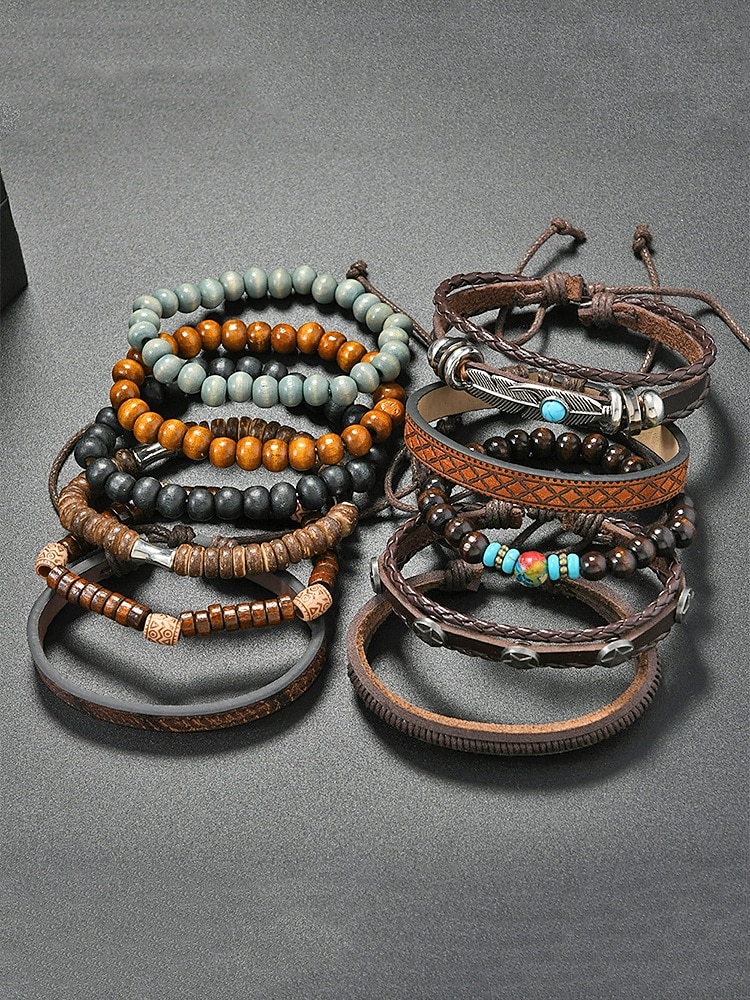 Boho-Armbandset für Herren, 11-teiliges Set aus stapelbaren Armbändern aus Holzperlen, Legierung und Leder, lässiger Sommerschmuck für Strandurlaub, Reisen, Festivals, Partys und den Alltag 2026 - $14.99 –P4