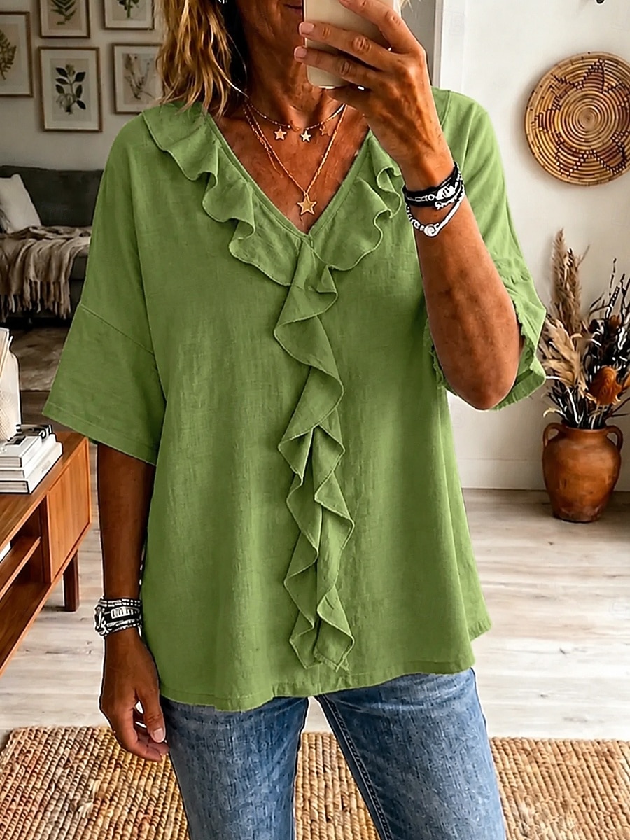 Per donna Blusa Volant Semplice Elegante Casual Manica 3/4 Scollo a V Top Regolari Casuale Quotidiano Blu Bianco Verde Estate Primavera del 2026 a $26.99 –P1