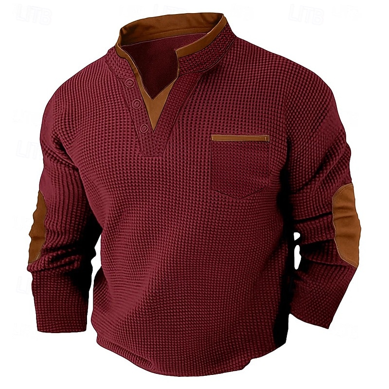 Men's Waffle Tee Waffle Henley Shirt Long Sleeve V Neck Spring &  Fall Solid Color Fashion Basic Fake two piece Casual Street Sports Black White Burgundy Top Tee for Men 2026 - $25.99 –P11