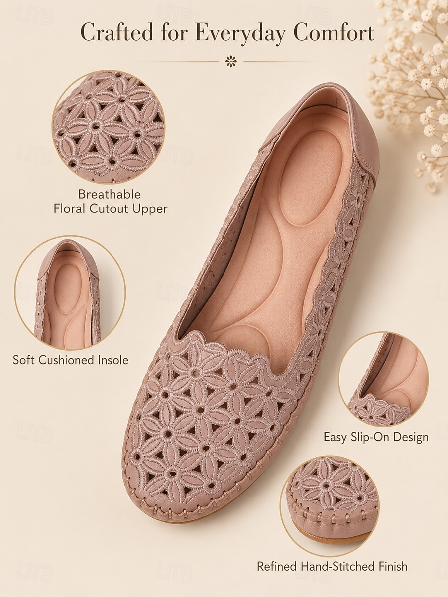 Women's Pink Floral Perforated Slip-On Shoes, Breathable Hollow Cutout Flat Shoes with Scalloped Edge, Soft Cushioned Insole & Flexible Anti-Slip Sole for Countryside Strolls, Shopping & Daily Leisure 2026 - $24.99 –P4