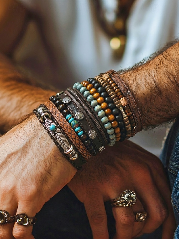 Boho-Armbandset für Herren, 11-teiliges Set aus stapelbaren Armbändern aus Holzperlen, Legierung und Leder, lässiger Sommerschmuck für Strandurlaub, Reisen, Festivals, Partys und den Alltag 2026 - $14.99 –P2