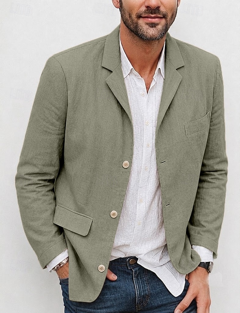 Hombre Chaqueta ligera Chaqueta americana Chaqueta de lino Formal Oficina Otoño Algodón y lino Color sólido Confortable Botonadura Simple Chaqueta de sport Verde Claro Azul Marino Marrón Color Caquí 2026 - $63.99 –P7