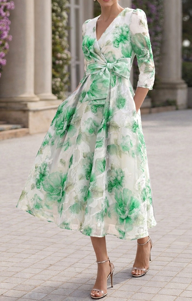Linha A Até o Tornozelo Longuette Vestido floral Vestidos de cocktail Elegante Floral Semi-formal / Coquetel Manga 3/4 Decote V Festa de Jardim Casamento Organza Jacquard com Estampa floral Pregas de 2026 por $194.99 –P5