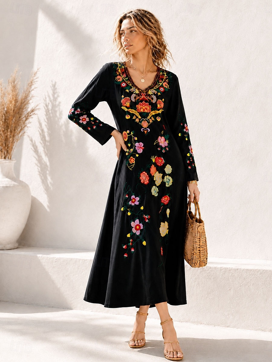 Women's Embroidered Bohemia Maxi Dress Boho Dress Elegant Vacation Home Holiday Regular Fit Floral Long Sleeve V Neck Black Fall Winter 2026