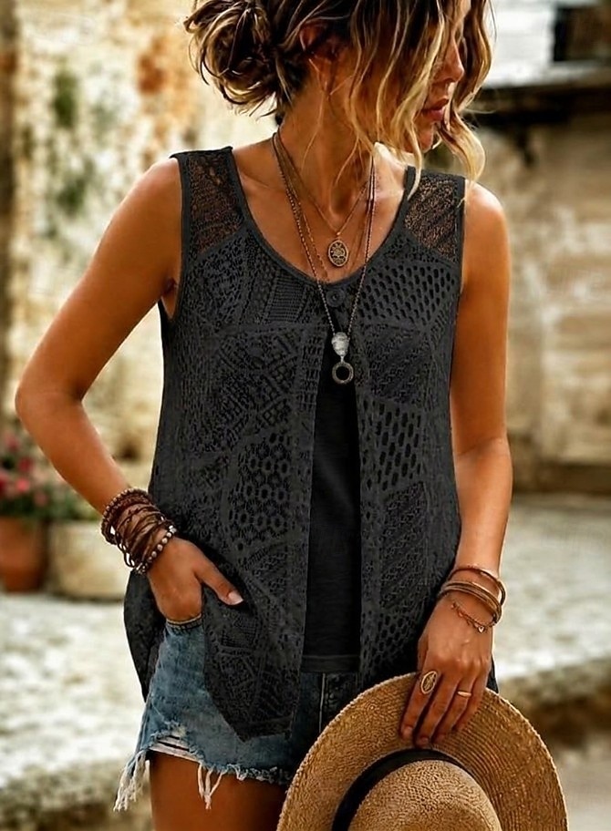 Mulheres Topo de ilhó Renda Renda Ilusão Elegante Boêmia Férias Sem Manga Tops longos Casual Diário Feriado Branco Preto Rosa Cinza + rosa Verão Primavera de 2026 por $21.99 –P6