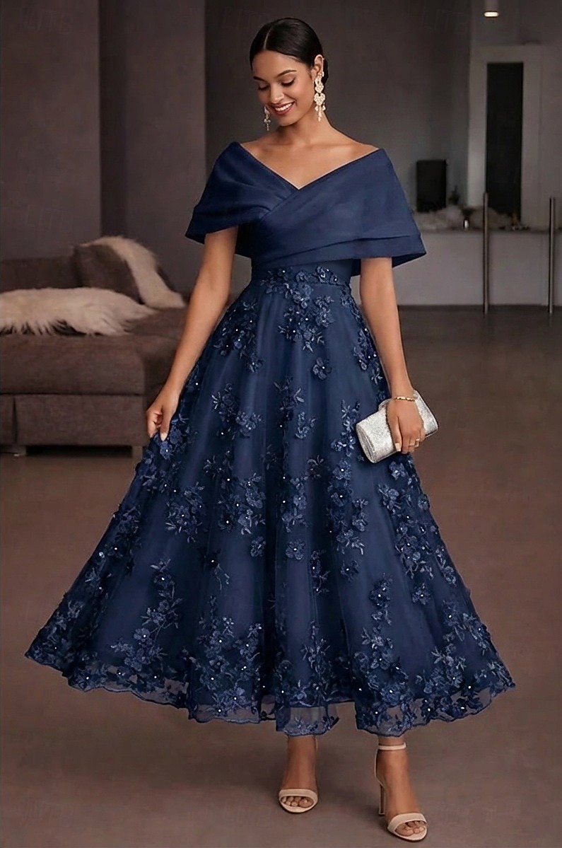Corte A Hasta el Tobillo Vestidos de coctel Elegante Vintage Floral Manga Corta Hombros Caídos Fiesta de jardin Boda Organdí Tul Espalda desnuda con Estampado flor Flor bordada Plisado 2026 - $182.99 –P6