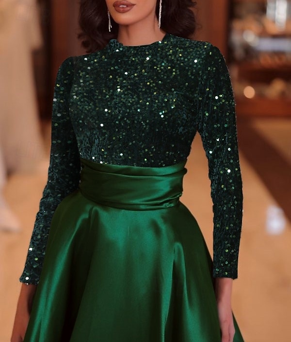 A-Line Court Train Floor Length Evening Gown Ball Gown Formal Dress Elegant Sparkle & Shine Long Sleeve High Neck Evening Party Christmas Fall Wedding Guest Satin Sequined with Sequin 2026 - $137.99 –P4