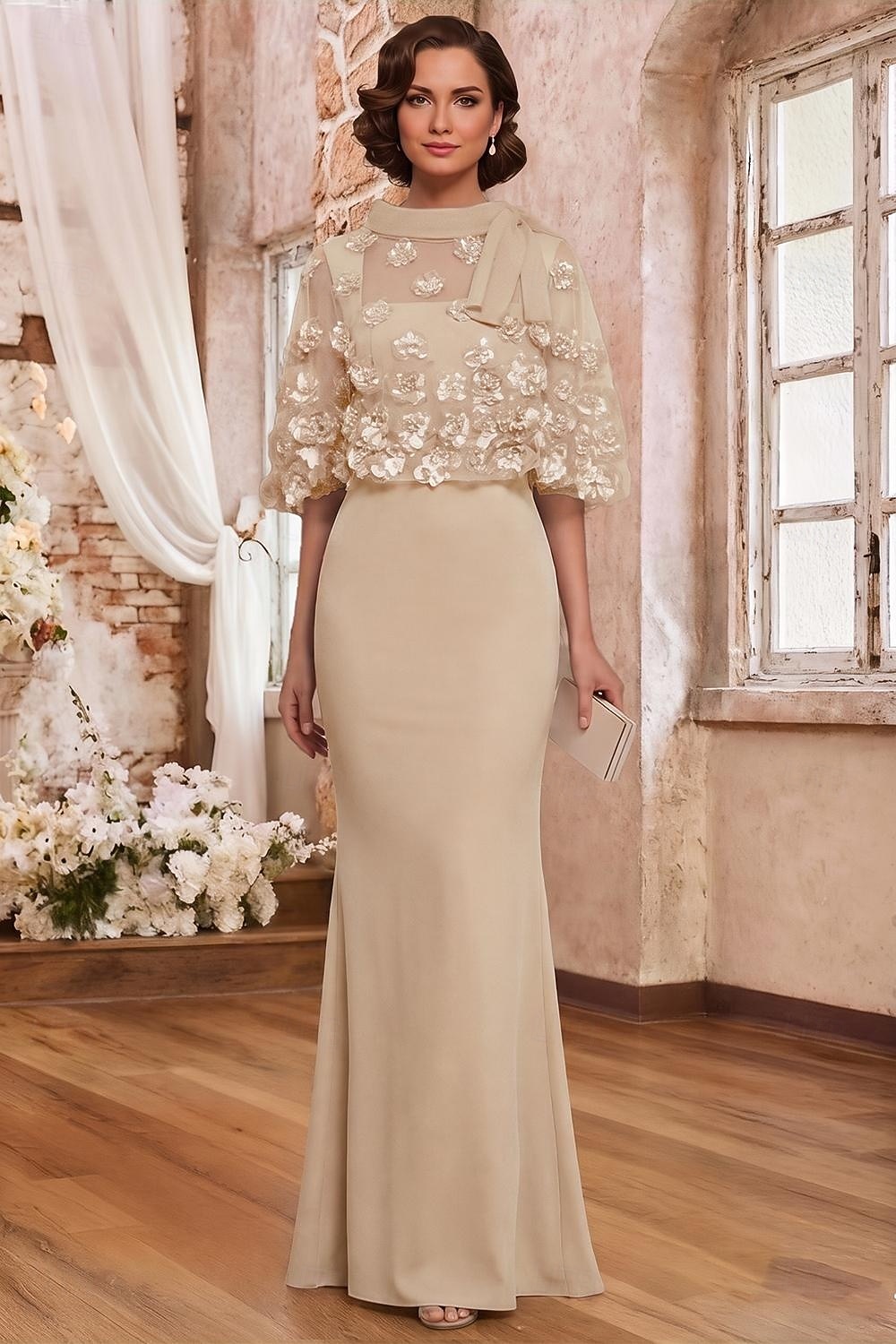 Due Pezzi Lunghezza al pavimento Vestito da Festa Abito da Cocktail Abito da invitata a nozze Abito da cerimonia per signora Manica Corta Mezza Manica Girocollo Scollo Tondo Elegante Formale Ospite del 2026 a $95.99 –P1