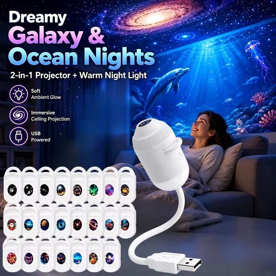 USB Galaxy Projector Starry Night Light, Star Projector with Flexible Gooseneck & 24 Films, 3 Brightness Levels Planet Ocean Sky Projector for Bedroom Car Decor, Creative Gift for Kids Adults 2026 - $18.99 –P1