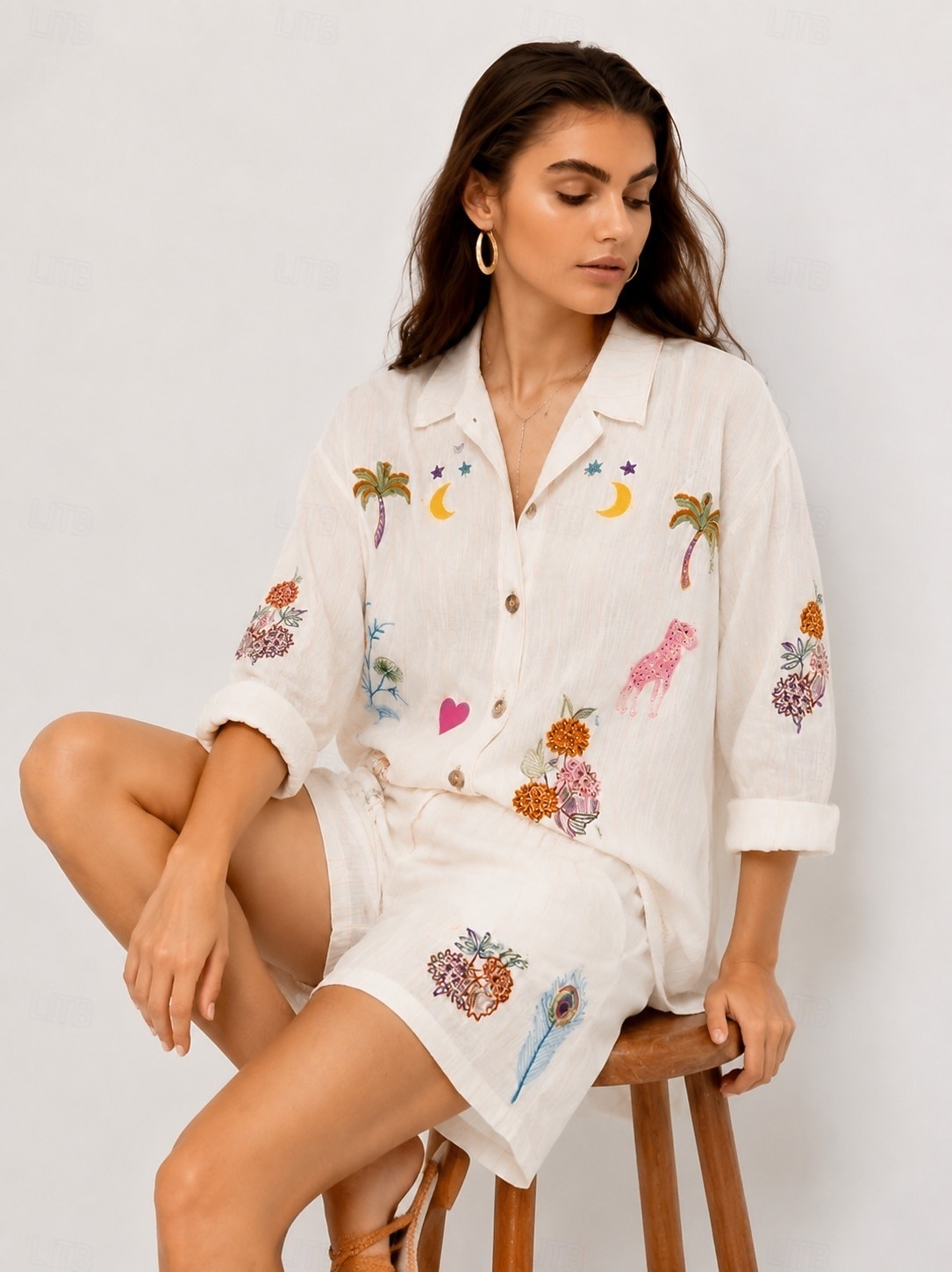 cămașă brodată pentru femei, cămașă boho, cămașă casual, cu volane, boemă, vacanță, tropical, mânecă lungă, topuri obișnuite, casual, alb, vară, primăvară, toamnă, iarnă 2026 - $54.99 –P1