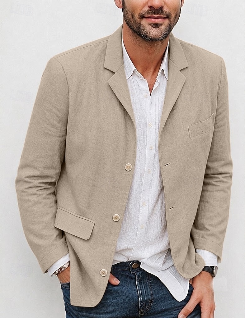 Hombre Chaqueta ligera Chaqueta americana Chaqueta de lino Formal Oficina Otoño Algodón y lino Color sólido Confortable Botonadura Simple Chaqueta de sport Verde Claro Azul Marino Marrón Color Caquí 2026 - $63.99 –P6