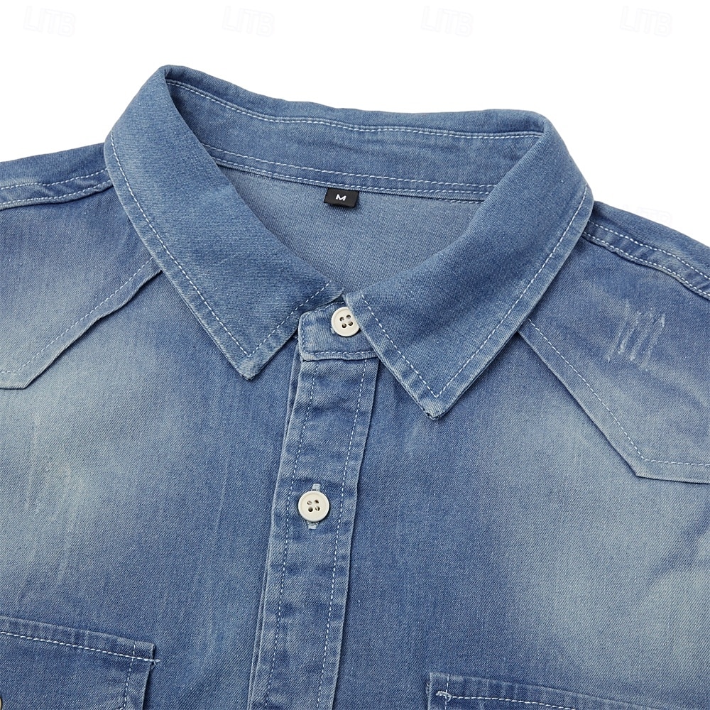 Men's Shirt Chambray Shirt Calico Shirt Button Up Shirt Casual Shirt Denim Shirt Denim Blue Black Dark Navy Blue Long Sleeve Plain Collar Daily Vacation Clothing Apparel Cotton Fashion Casual 2026 - $37.99 –P9