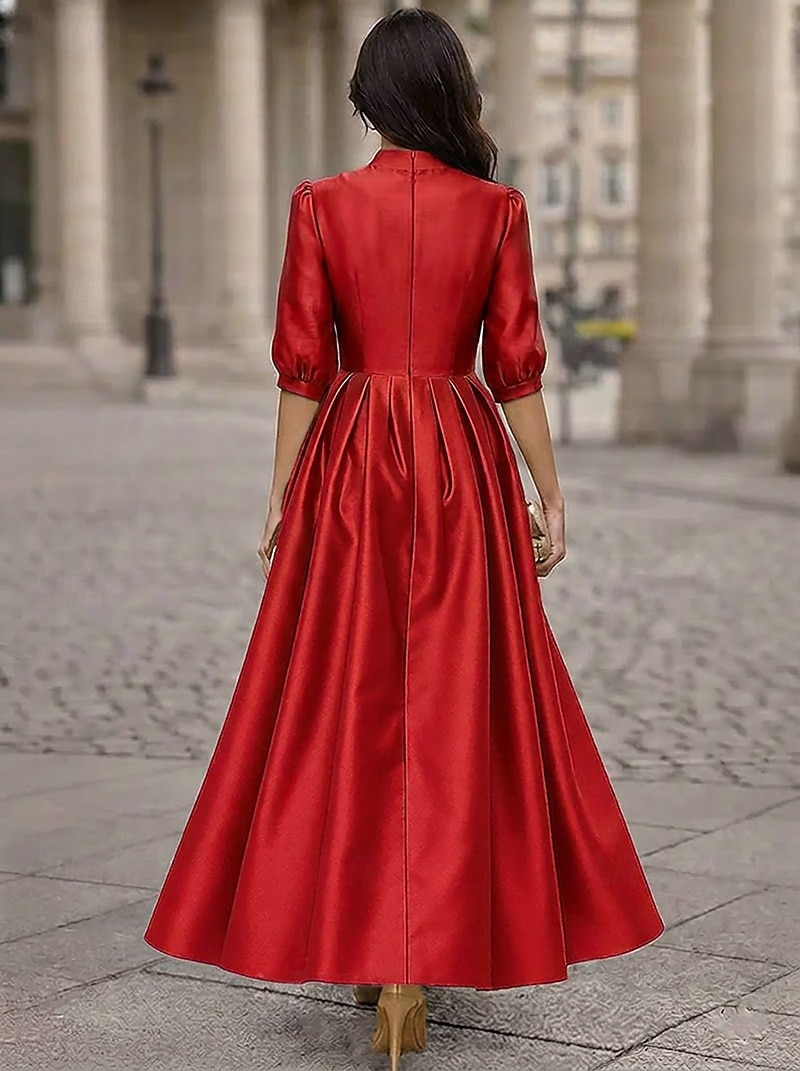 Corte A Hasta el Tobillo Vestidos de coctel Elegante Diario Media Manga Escote en Pico Boda Formal Tafetán Tejido elástico con Plisado 2026 - $148.99 –P2