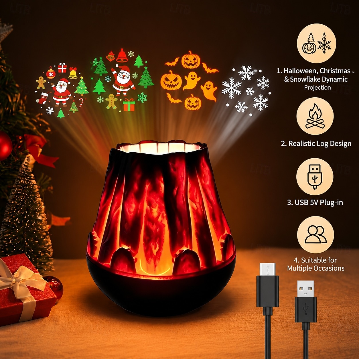 Halloween-kerstprojectorlamp met realistisch vlammenpatroon, dynamische pompoen-, spook-, sneeuwvlok- en kerstmanprojectielamp, USB 5V-voeding, feestelijk nachtlampje voor slaapkamer en woonkamer. 2026 - $18.99 –P1