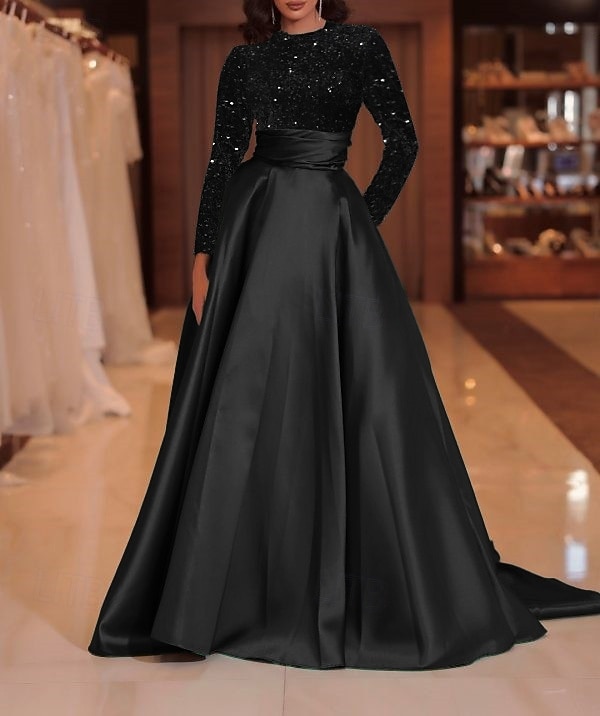 A-Line Court Train Floor Length Evening Gown Ball Gown Formal Dress Elegant Sparkle & Shine Long Sleeve High Neck Evening Party Christmas Fall Wedding Guest Satin Sequined with Sequin 2026 - $137.99 –P6