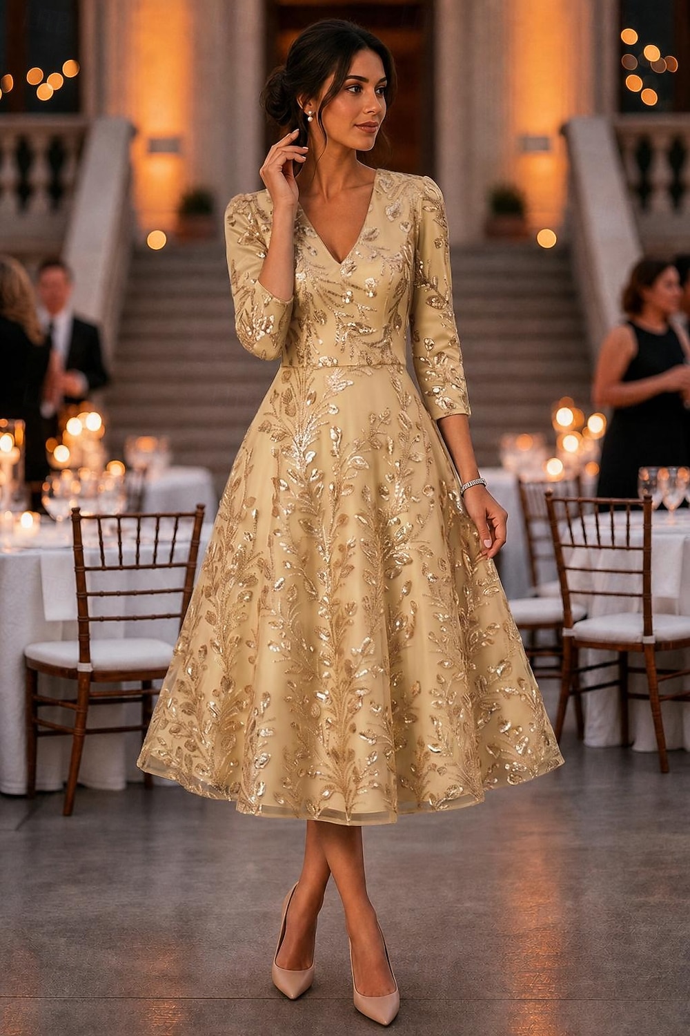 glitter tea length dress A-Line Cocktail Dresses Elegant Glittering Sparkle 3/4 Length Sleeve V Neck Wedding Formal Satin Sequined with Pleats Beaded Eembroidered 2026 Light Blue