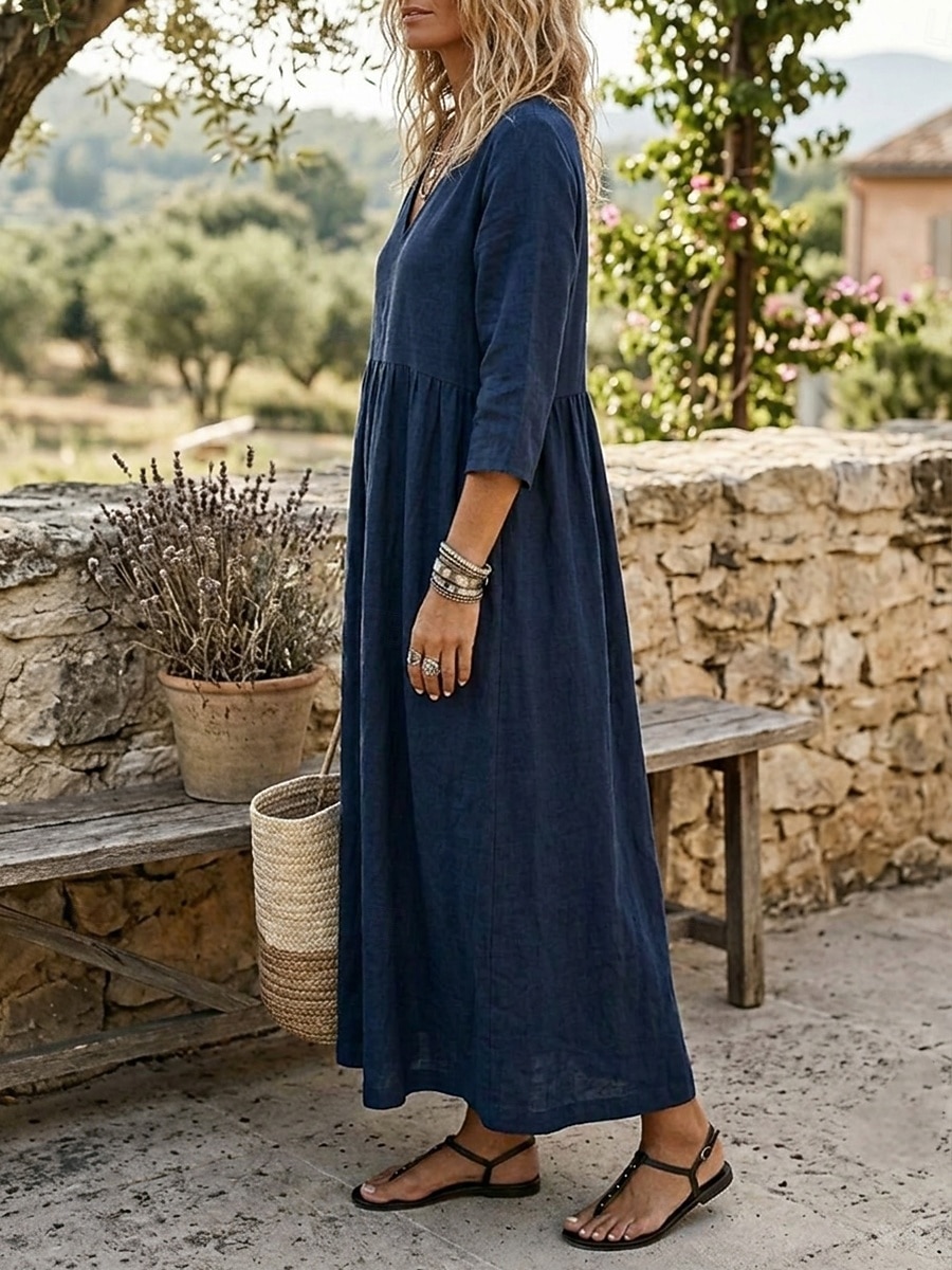 Damen Maxikleid Leinenkleider A Linie Kleid Lässig Urlaub Lässiger Schnitt Einfarbig Dreiviertelarm V Ausschnitt Khaki Dunkelblau Sommer Herbst 2026 - $37.99 –P4