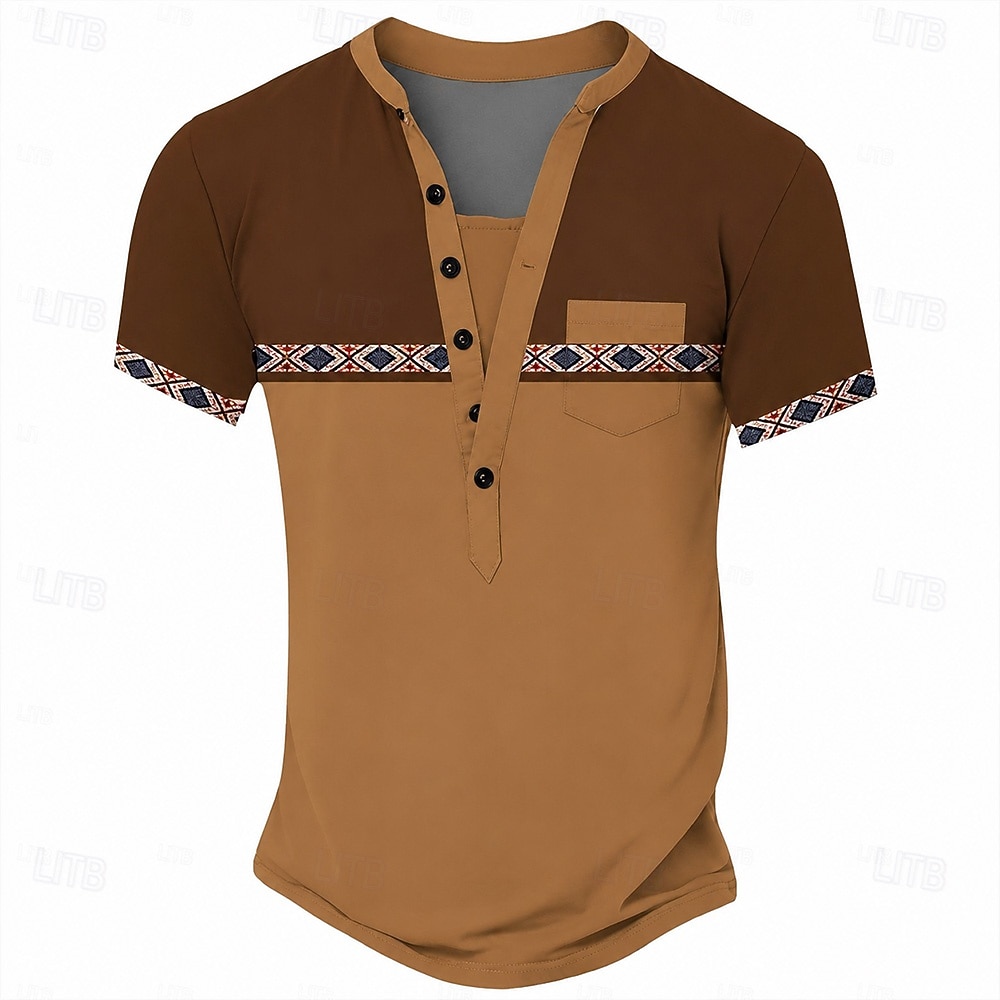 Herren-T-Shirt im Ethno-Stil, Henley-Shirt aus Polyester, Kurzarm, Designer-Basic, Ethno-Look, Outdoor-Casual, Alltag, Sommer, See, Blau, Schwarz, Hellgrün, Dunkelblau, Hellblau, Henley-T-Shirt 2026 - $21.99 –P8