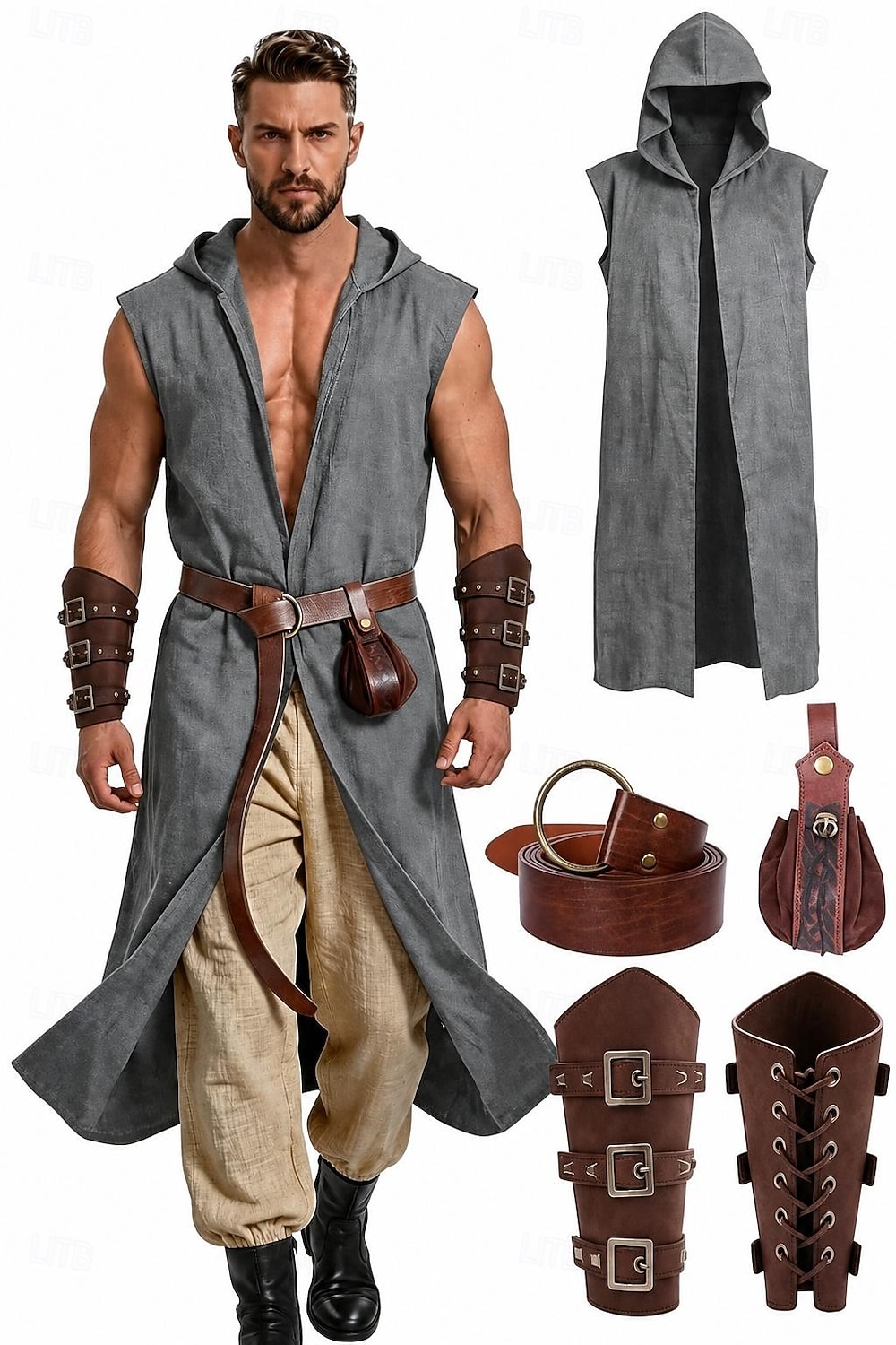 Zestaw Retro / vintage Średniowieczne Renesansowa Kamizelka Pasek taliowy Ochraniacze ramion z akcesoriami Bez rękawów Rycerz Ranger Strój na bal maskowy Męskie Fantasy Halloween Karnawał Targi 2026 - $46.99 –P8