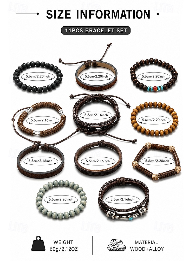Men's Boho Layered Bracelet Set, 11PCS Wood Bead Alloy Leather Stackable Wristbands, Casual Summer Jewelry for Beach Vacation, Travel, Festival, Party, Daily Wear 2026 - $14.99 –P5