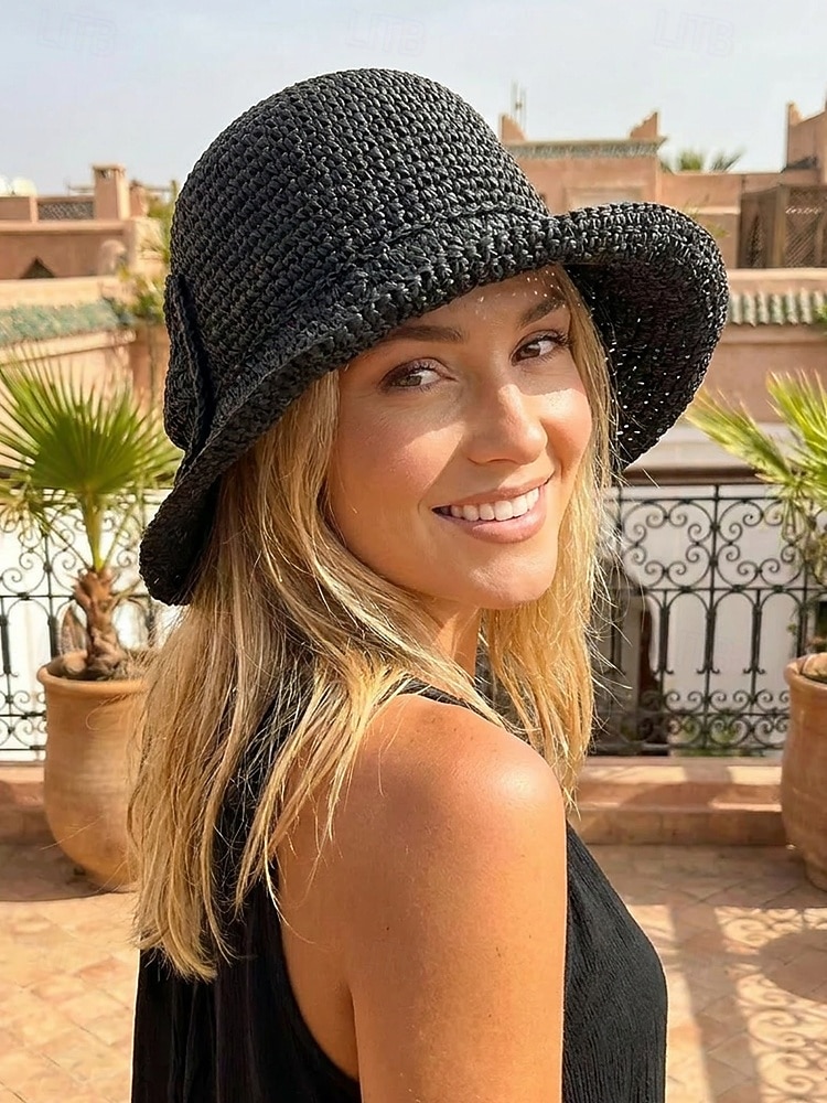 Sombrero de paja plegable estilo boho para mujer con lazo, sombrero de verano tejido y plegable en varios colores para vacaciones en la playa, viajes, fiestas en el jardín, brunch, resort. &uso diario 2026 - $14.99 –P4