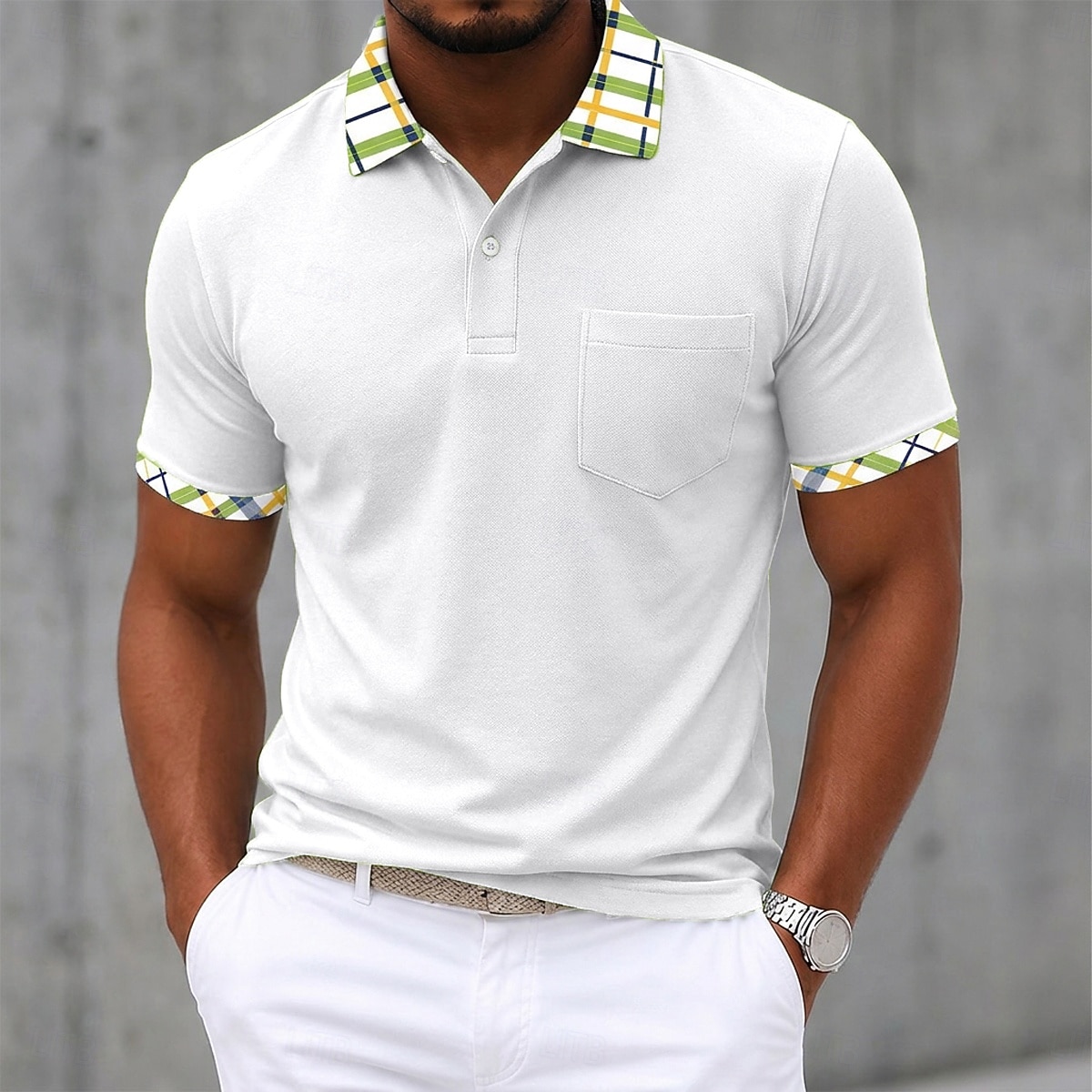 Hombre Camiseta de golf Camisetas polo piqué Casual Negocio Clásico Manga Corta Moda Básico Color sólido Plaid Botones Verano Primavera Primavera & Otoño Ajuste regular Blanco Amarillo Azul Marino 2026 - $21.99 –P6