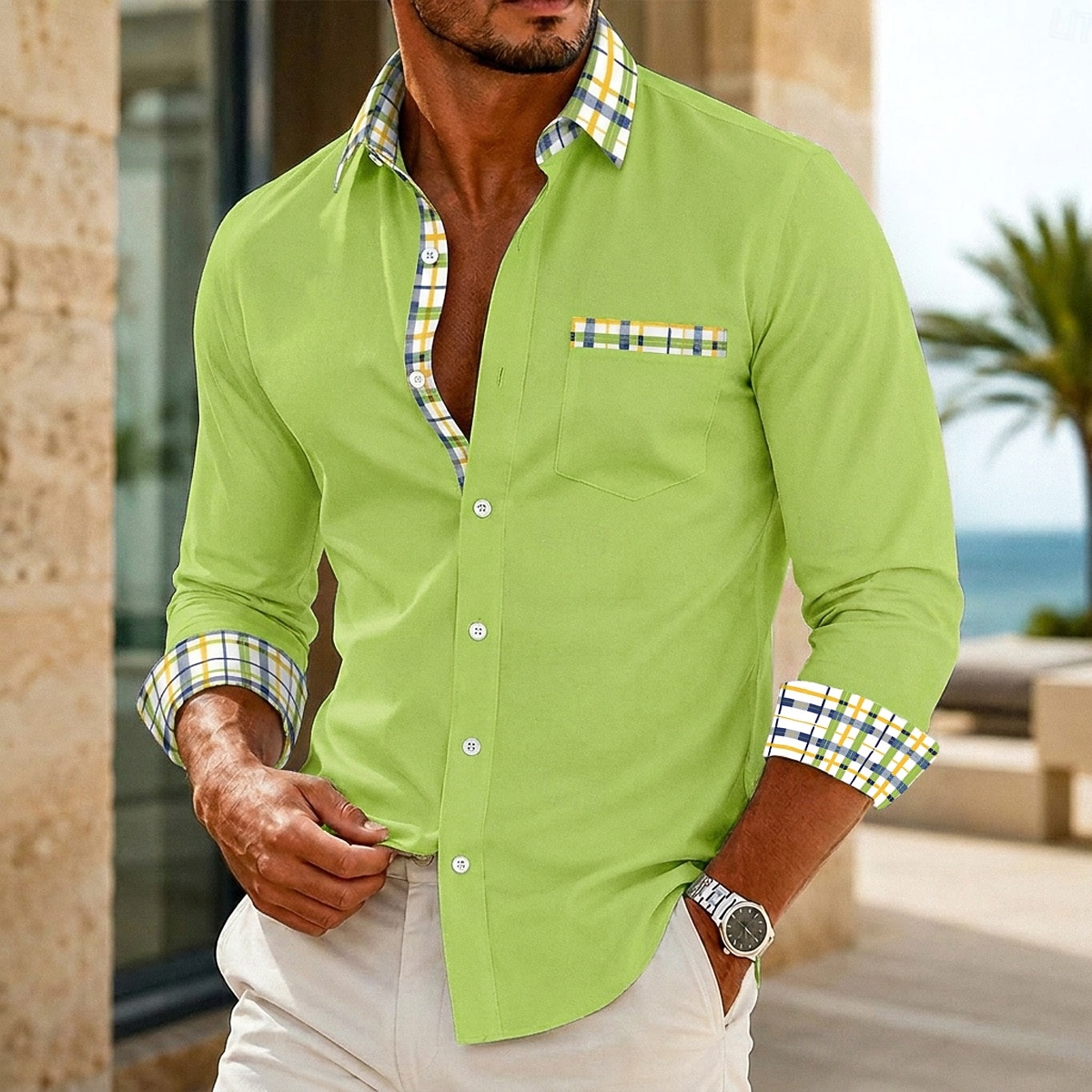 Hombre Camisa Camisa de verano Camisa casual Abotonar la camisa Plaid Casual Diario Blanco Amarillo Azul Marino Verde Trébol Manga Larga Cuello Verano Primavera Ropa Bolsillo delantero 2026 - $28.99 –P1