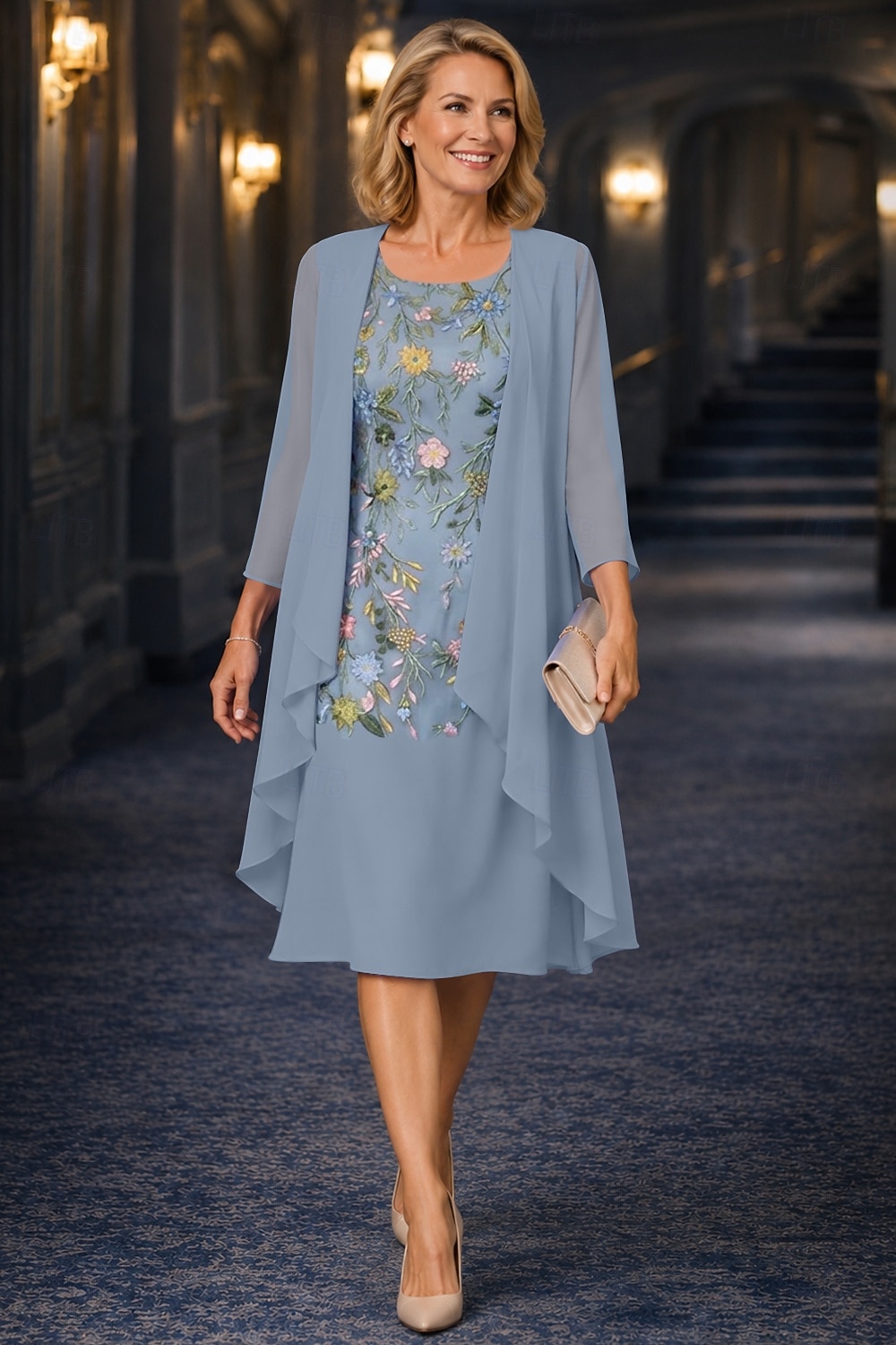 Două Piese Linia -A Lungimea ceaiului Rochie Mama Miresei Lungime Manșon 3/4 Manșon Jumate Scoateți gâtul Elegant Simplu Casual Oficial Invitat la nunta Petrecere Logodnă Șifon Dantelă Rochii jacheta 2026 - $148.99 –P2