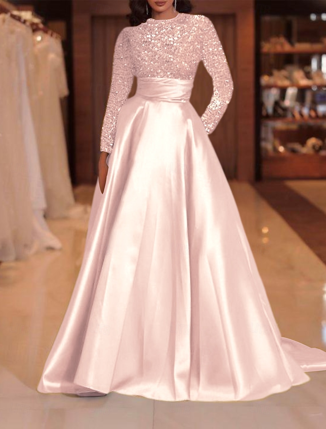 A-Line Court Train Floor Length Evening Gown Ball Gown Formal Dress Elegant Sparkle & Shine Long Sleeve High Neck Evening Party Christmas Fall Wedding Guest Satin Sequined with Sequin 2026 - $137.99 –P14