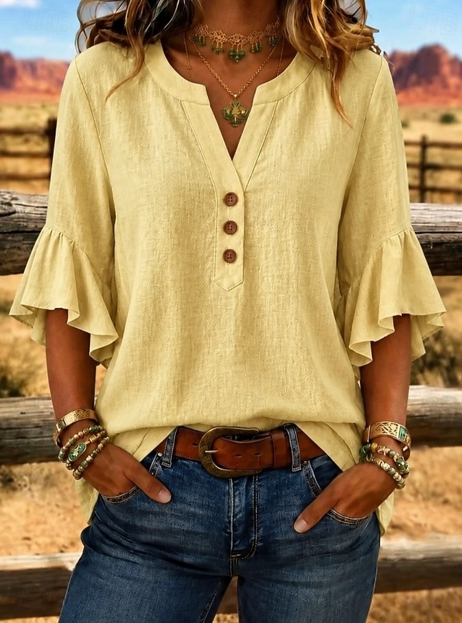 Per donna Camicie effetto lino Blusa Camicia di cotone Volant Bottoni Tinta unica Quotidiano Elegante Casual Manica 3/4 Scollo a V Top corti Casuale Quotidiano Blu Giallo Rosa Verde Beige Estate del 2026 a $26.99 –P7