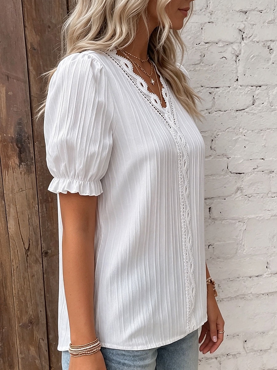 Damen T Shirt T-Shirt Spitze Patchwork Einfach Mode Stilvoll Klassisch Kurzarm V Ausschnitt Normale Oberteile Täglich Ausgehen Wochenende Schwarz Weiß Gelb Himmelblau Purpur Sommer Frühling 2026 - $19.99 –P4