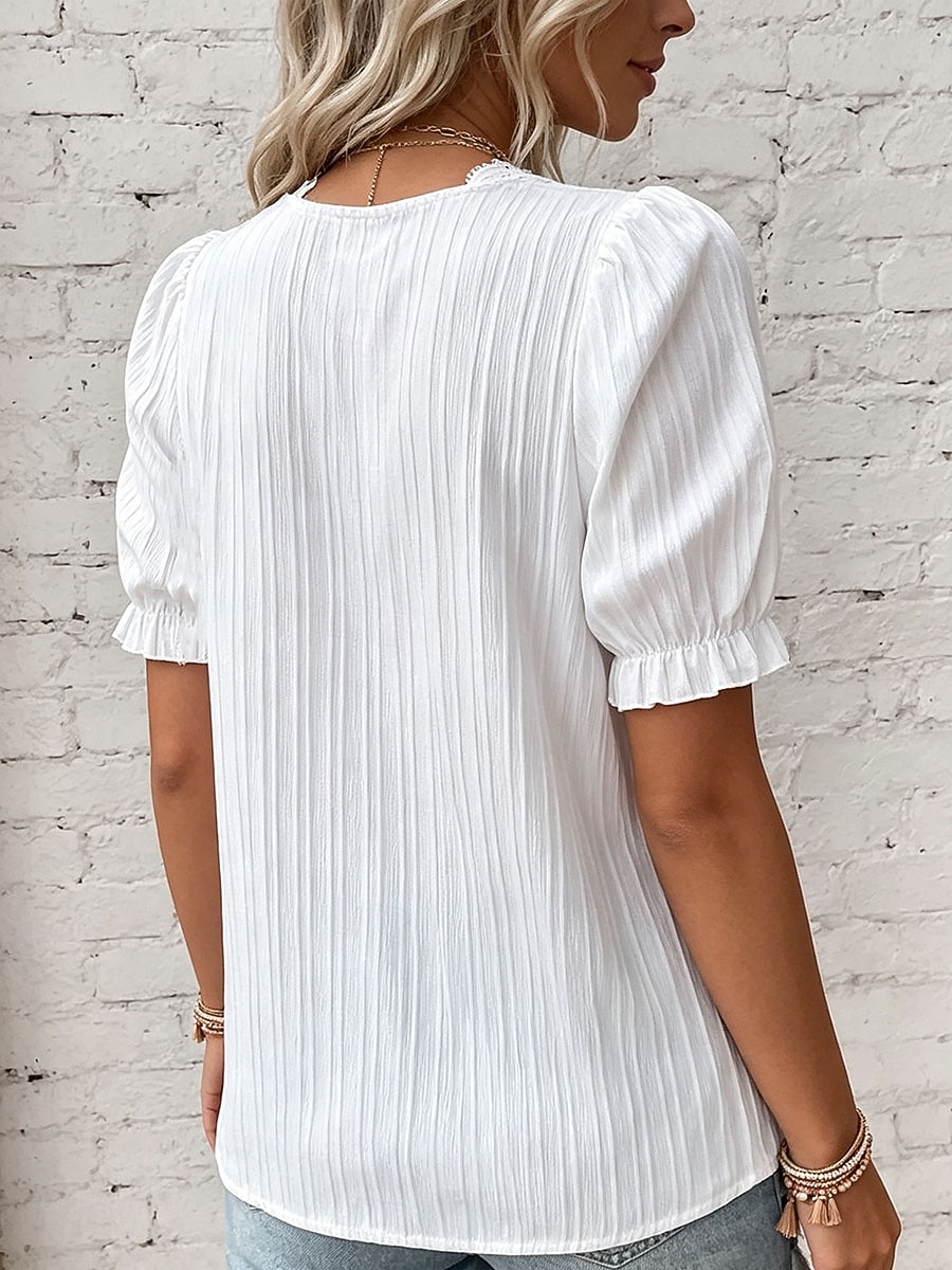 Damen T Shirt T-Shirt Spitze Patchwork Einfach Mode Stilvoll Klassisch Kurzarm V Ausschnitt Normale Oberteile Täglich Ausgehen Wochenende Schwarz Weiß Gelb Himmelblau Purpur Sommer Frühling 2026 - $19.99 –P5