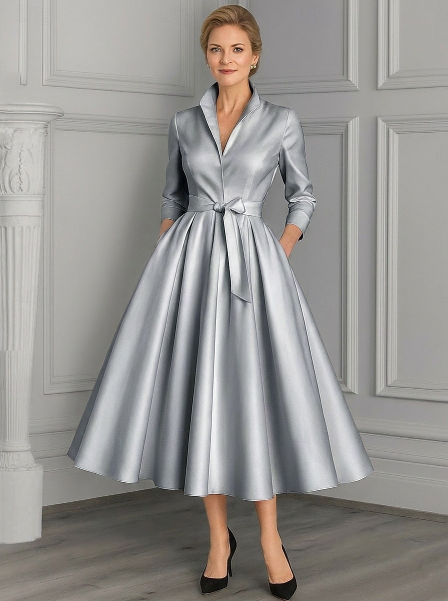 Linha A Até o Tornozelo Vestido de festa Vestido Coquetel Vestido de convidada de casamento Vestido Para Mãe dos Noivos Manga Longa Decote V Elegante Vintage Festa Noite Formal Festa de Casamento de 2026 por $91.99 –P5