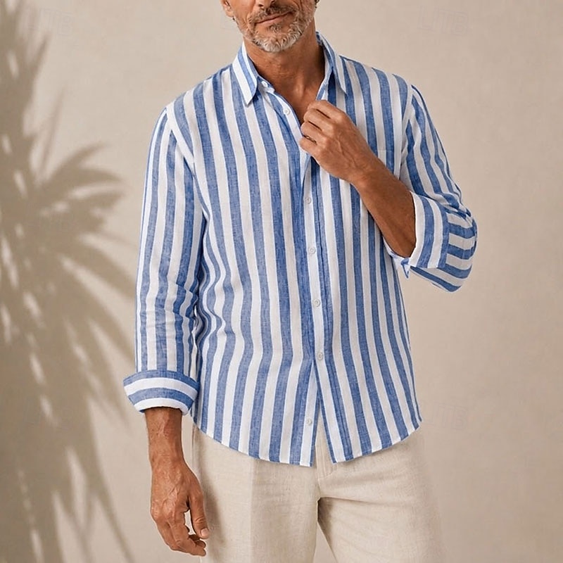 Camisa de lino a rayas para hombre – manga larga con botones para las vacaciones de verano 2026 - $35.99 –P1