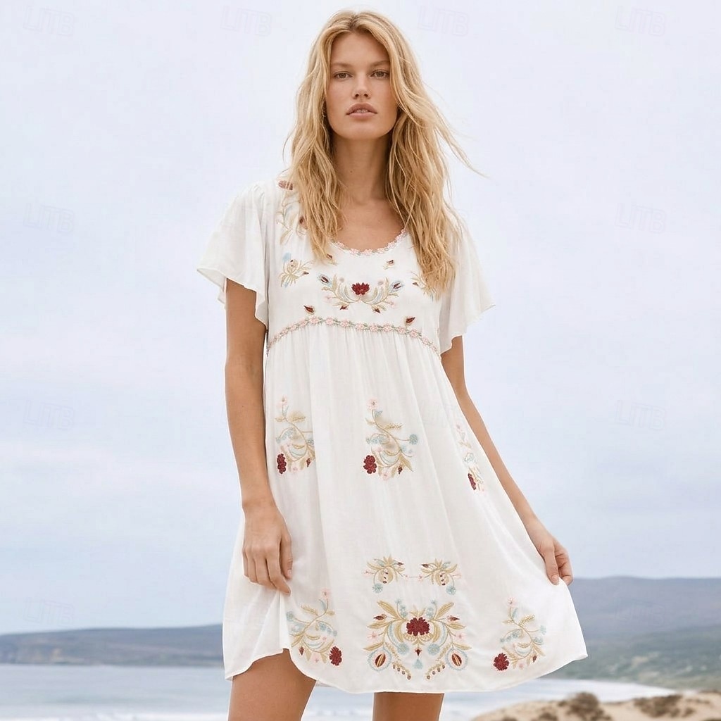 Vestido curto branco bordado feminino, vestido de verão branco, vestido evasê, festa casual boho, praia, festa ao ar livre, floral, manga curta, gola redonda, verão, primavera, outono, inverno de 2026 por $54.99 –P1