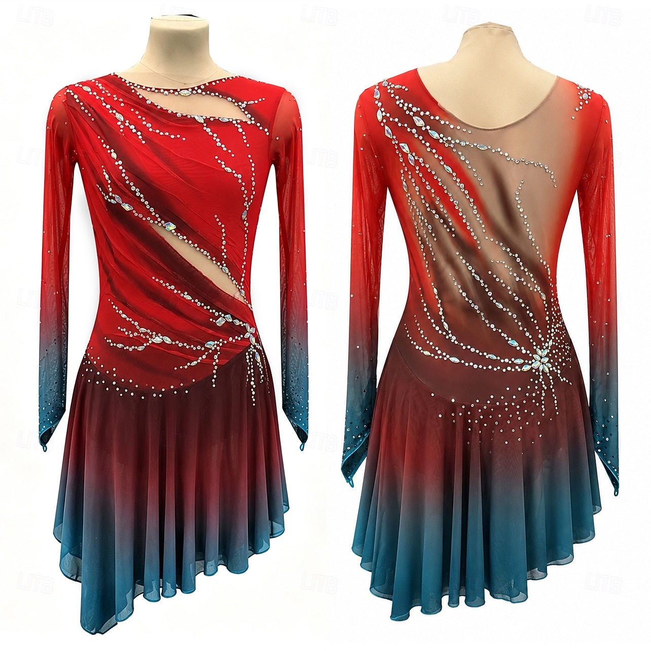 Eiskunstlaufkleid Damen Mädchen Eislaufen Kleid Rot Daumenloch Halo-Färbung Hohe Elastizität Professionell Wettbewerb Eiskunstlaufkleidung Thermowarm Kristall / Strass Langarm Eislaufen Eiskundstlauf 2026 - $335.69 –P1